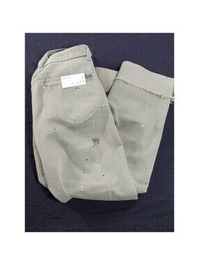 Risen Slouch Jeans Crop Pants Sz 7/28 Green Paint Splatter Raw Hem Belt NWT